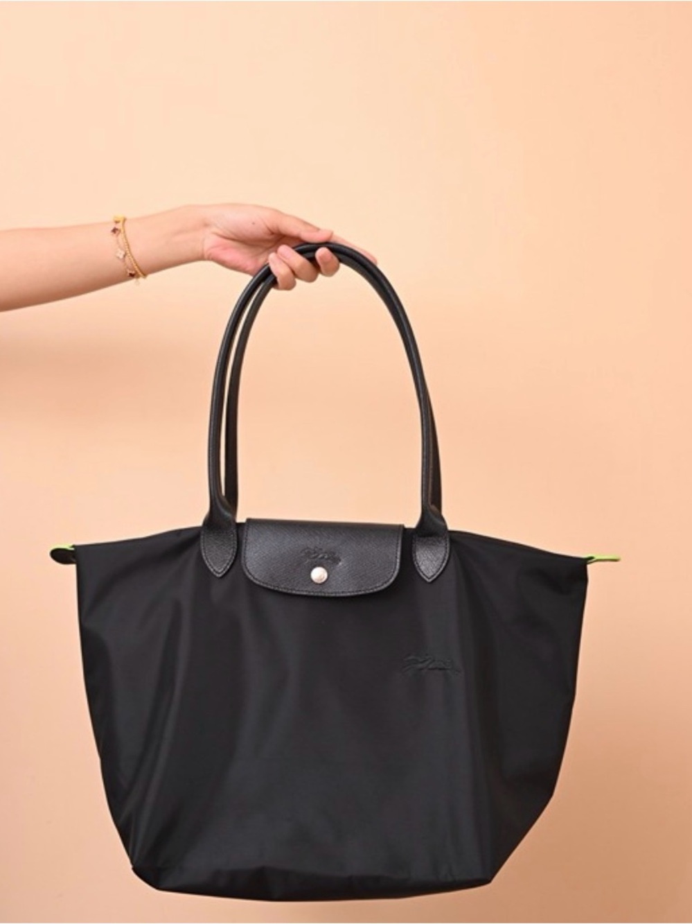 Black Nylon Tote Bag with Leather Trim - Long Handles